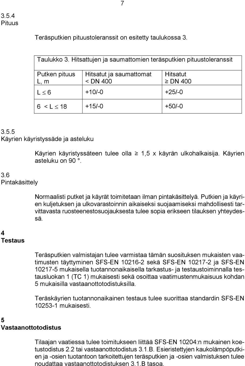 6 Pintakäsittely 4 Testaus 5 Vastaanottotodistus Käyrien käyristyssäteen tulee olla 1,5 x käyrän ulkohalkaisija. Käyrien asteluku on 90. Normaalisti putket ja käyrät toimitetaan ilman pintakäsittelyä.