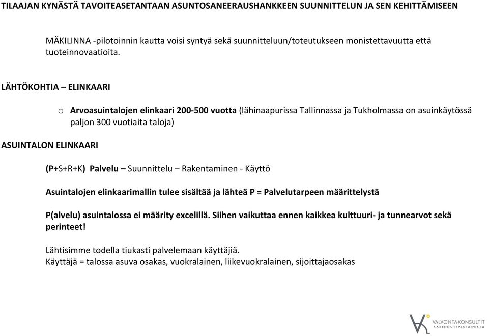 LÄHTÖKOHTIA ELINKAARI ASUINTALON ELINKAARI o Arvoasuintalojen elinkaari 200-500 vuotta (lähinaapurissa Tallinnassa ja Tukholmassa on asuinkäytössä paljon 300 vuotiaita taloja) (P+S+R+K) Palvelu