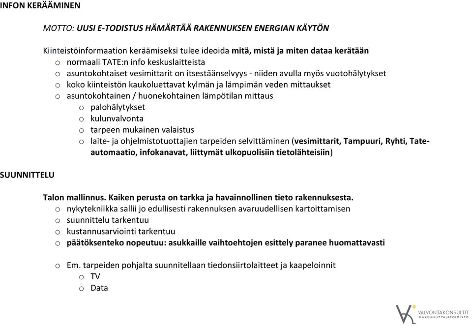 huonekohtainen lämpötilan mittaus o palohälytykset o kulunvalvonta o tarpeen mukainen valaistus o laite- ja ohjelmistotuottajien tarpeiden selvittäminen (vesimittarit, Tampuuri, Ryhti,