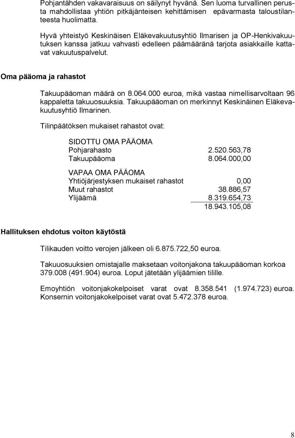 Oma pääoma ja rahastot Takuupääoman määrä on 8.064.000 euroa, mikä vastaa nimellisarvoltaan 96 kappaletta takuuosuuksia. Takuupääoman on merkinnyt Keskinäinen Eläkevakuutusyhtiö Ilmarinen.