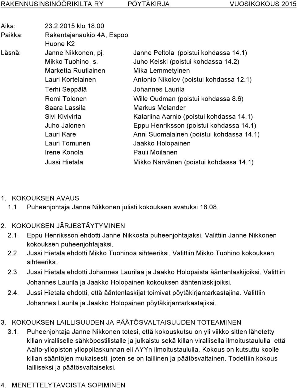 6) Saara Lassila Markus Melander Sivi Kivivirta Katariina Aarnio (poistui kohdassa 14.1) Juho Jalonen Eppu Henriksson (poistui kohdassa 14.1) Lauri Kare Anni Suomalainen (poistui kohdassa 14.