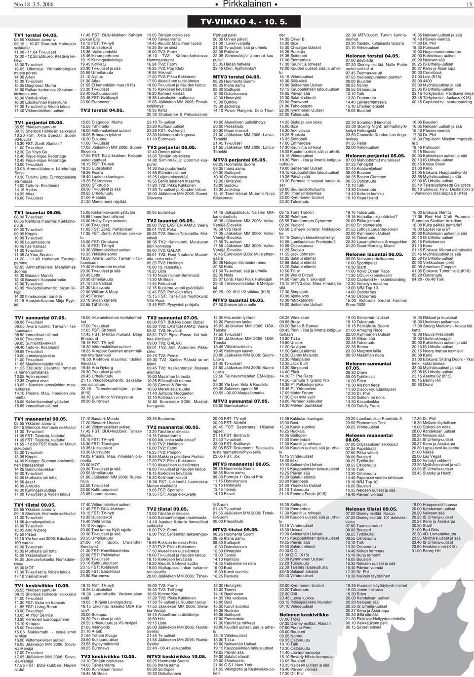 30 Tv-uutiset ja Viiden talous 17.40 Viittomakieliset uutiset TV1 perjantai 05.05. 05.55 Ykkösen aamu-tv 09.15 Sherlock Holmesin seikkailut 10.20 FST: X-tra Special: Suomi 60-luvulla 10.