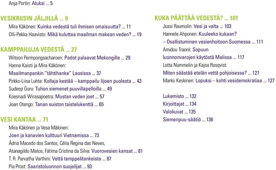 .. 43 Sudeep Guru: Tuhon siemenet puuvillapelloilla... 49 Koesnadi Wirasapoetra: Mustan veden joet... 57 Joan Otengo: Tanan suiston taistelukenttä... 65 VESI KANTAA.