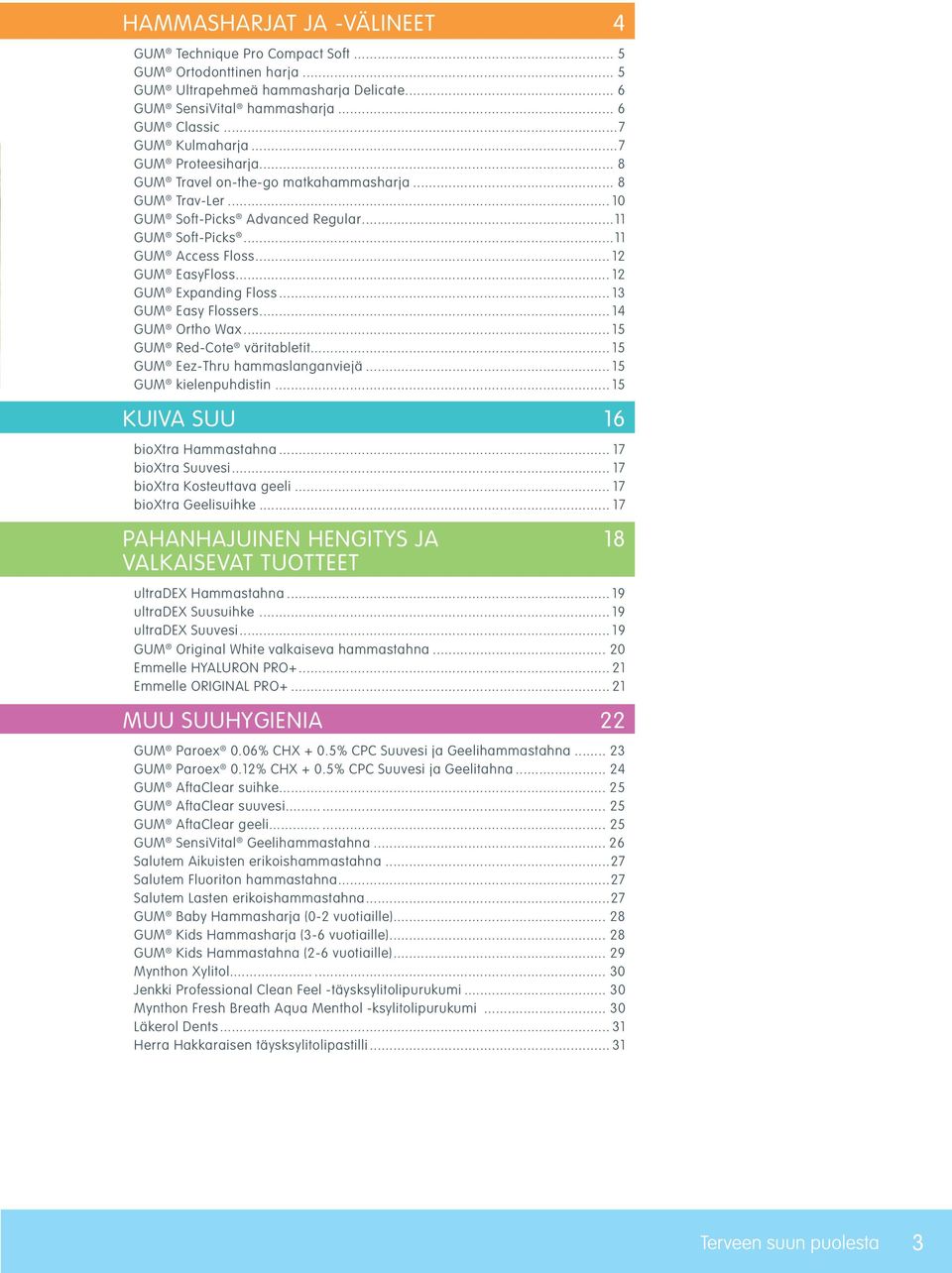 .. 12 GUM Expanding Floss... 13 GUM Easy Flossers... 14 GUM Ortho Wax... 15 GUM Red-Cote väritabletit... 15 GUM Eez-Thru hammaslanganviejä... 15 GUM kielenpuhdistin.