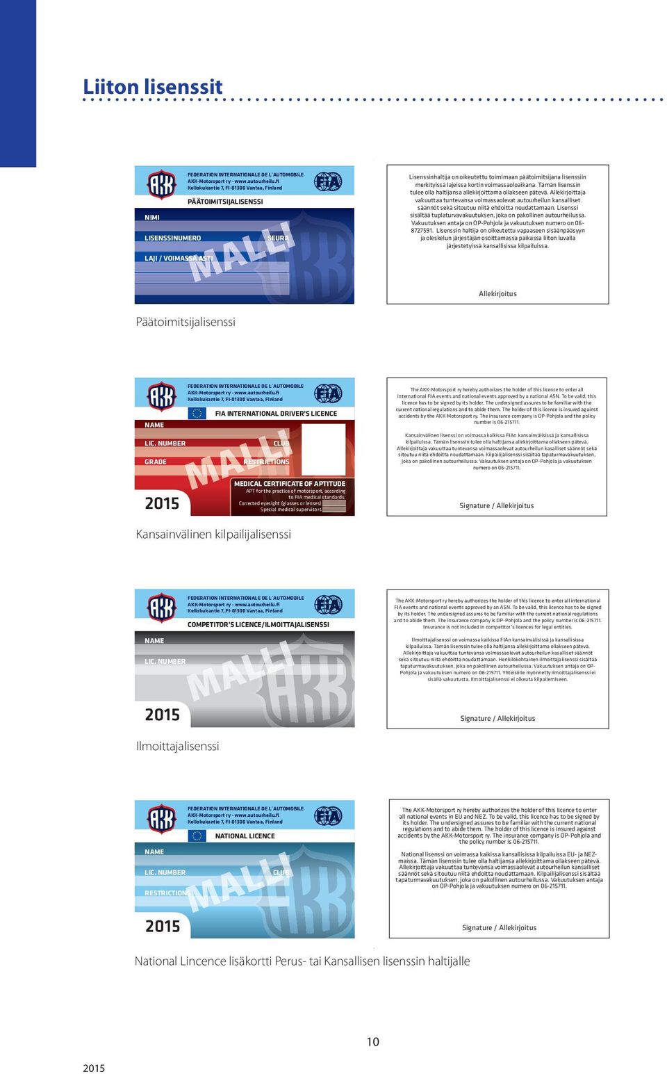 Tämän lisenssin tulee olla haltijansa allekirjoittama ollakseen pätevä. Allekirjoittaja vakuuttaa tuntevansa voimassaolevat autourheilun kansalliset säännöt sekä sitoutuu niitä ehdoitta noudattamaan.