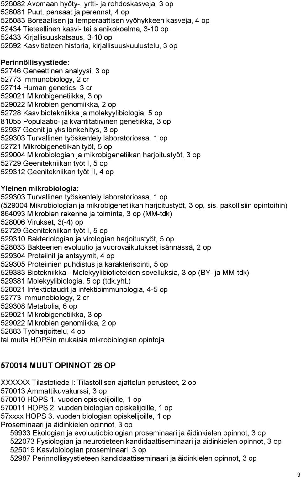 genetics, 3 cr 529021 Mikrobigenetiikka, 3 op 529022 Mikrobien genomiikka, 2 op 52728 Kasvibiotekniikka ja molekyylibiologia, 5 op 81055 Populaatio- ja kvantitatiivinen genetiikka, 3 op 52937 Geenit