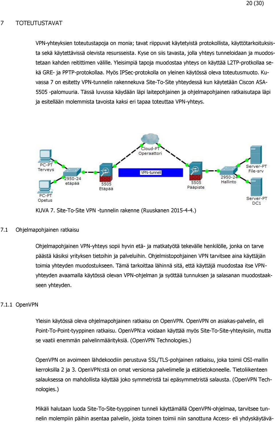 Myös IPSec-protokolla on yleinen käytössä oleva toteutusmuoto. Kuvassa 7 on esitetty VPN-tunnelin rakennekuva Site-To-Site yhteydessä kun käytetään Ciscon ASA- 5505 -palomuuria.