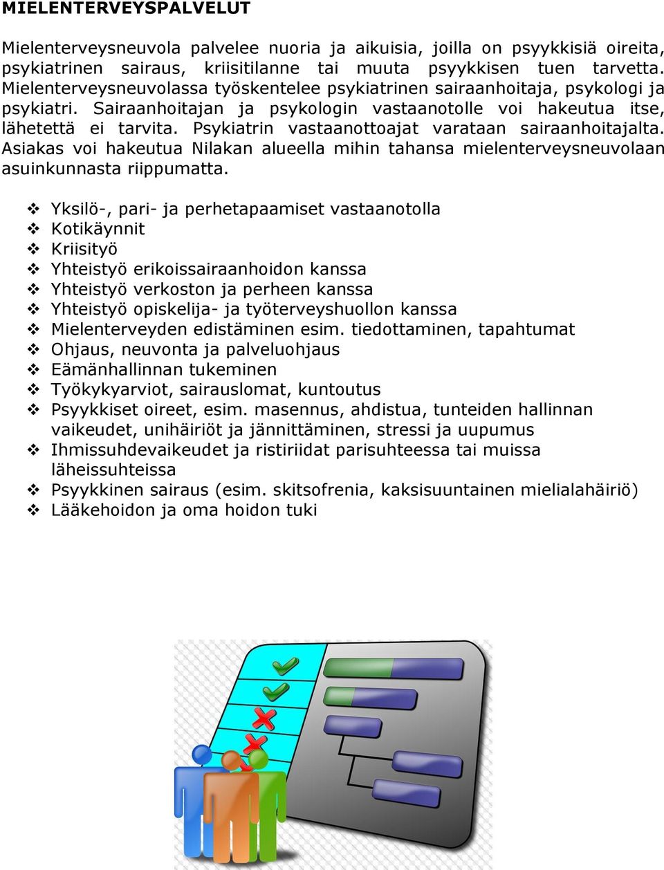 Psykiatrin vastaanottoajat varataan sairaanhoitajalta. Asiakas voi hakeutua Nilakan alueella mihin tahansa mielenterveysneuvolaan asuinkunnasta riippumatta.