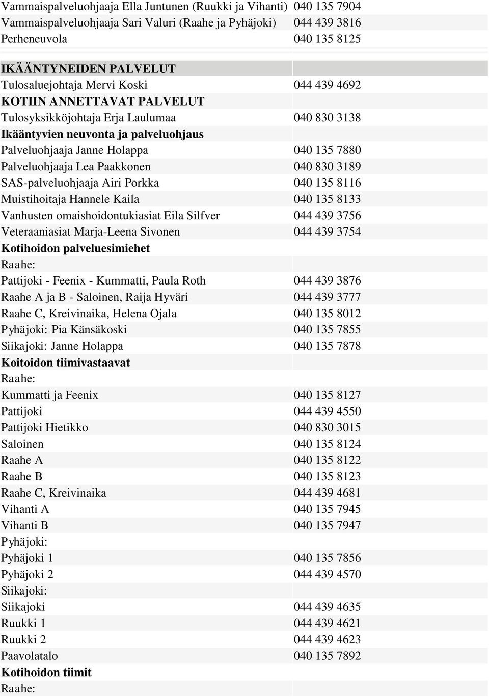 Palveluohjaaja Lea Paakkonen 040 830 3189 SAS-palveluohjaaja Airi Porkka 040 135 8116 Muistihoitaja Hannele Kaila 040 135 8133 Vanhusten omaishoidontukiasiat Eila Silfver 044 439 3756 Veteraaniasiat