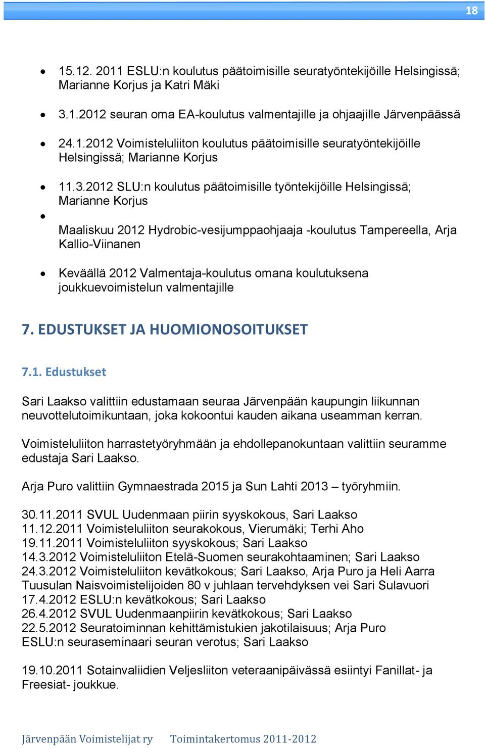 omana koulutuksena joukkuevoimistelun valmentajille 7. EDUSTUKSET JA HUOMIONOSOITUKSET 7.1.