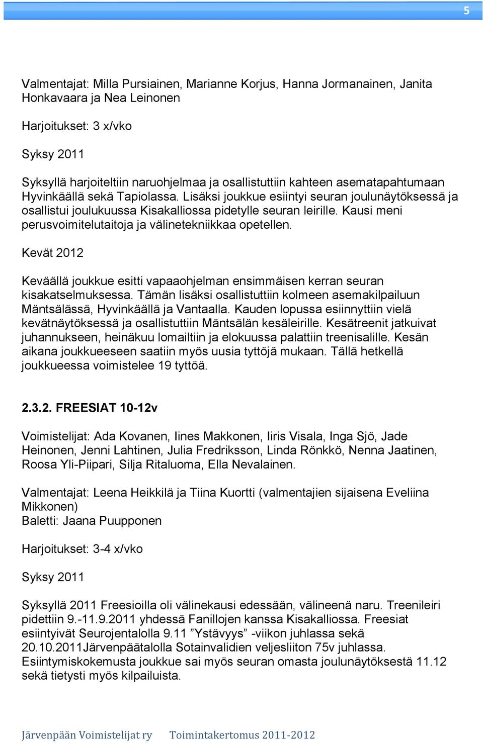 Kausi meni perusvoimitelutaitoja ja välinetekniikkaa opetellen. Kevät 2012 Keväällä joukkue esitti vapaaohjelman ensimmäisen kerran seuran kisakatselmuksessa.