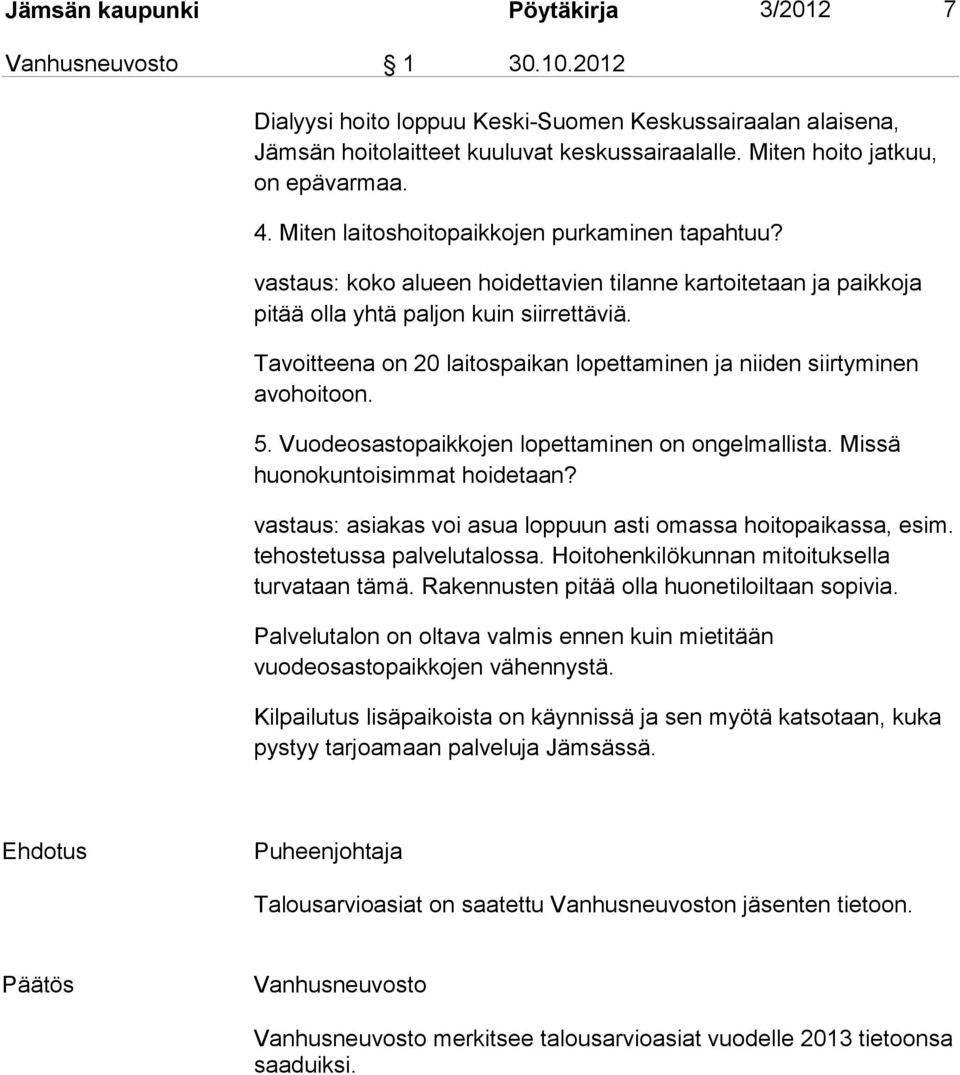 Tavoitteena on 20 laitospaikan lopettaminen ja niiden siirtyminen avohoitoon. 5. Vuodeosastopaikkojen lopettaminen on ongelmallista. Missä huonokuntoisimmat hoidetaan?