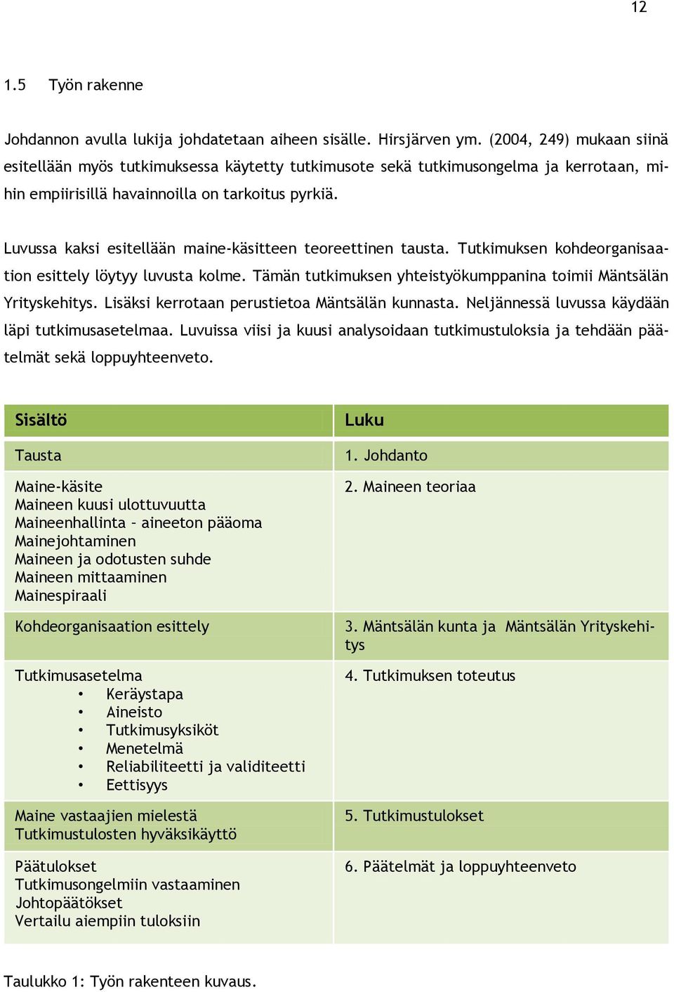 Luvussa kaksi esitellään maine-käsitteen teoreettinen tausta. Tutkimuksen kohdeorganisaation esittely löytyy luvusta kolme. Tämän tutkimuksen yhteistyökumppanina toimii Mäntsälän Yrityskehitys.