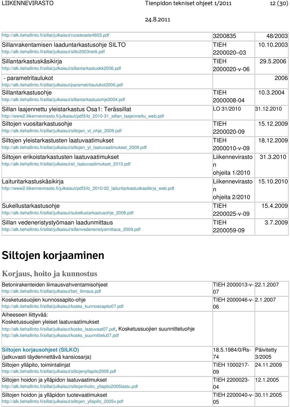 pdf Sillantarkastusohje http://alk.tiehallinto.fi/sillat/julkaisut/sillantarkastusohje20.pdf Sillan laajennettu yleistarkastus Osa1: Terässillat http://www2.liikennevirasto.