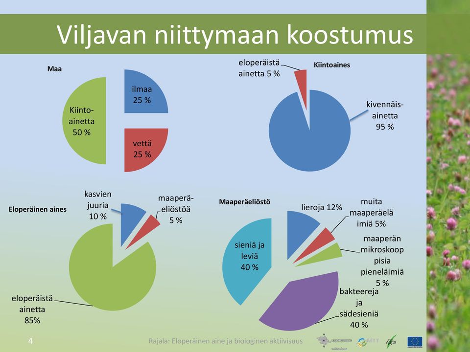 Maaperäeliöstö Eloperäinen aines 10 % 5 % eloperäistä ainetta 85% sieniä ja leviä 40 % 4