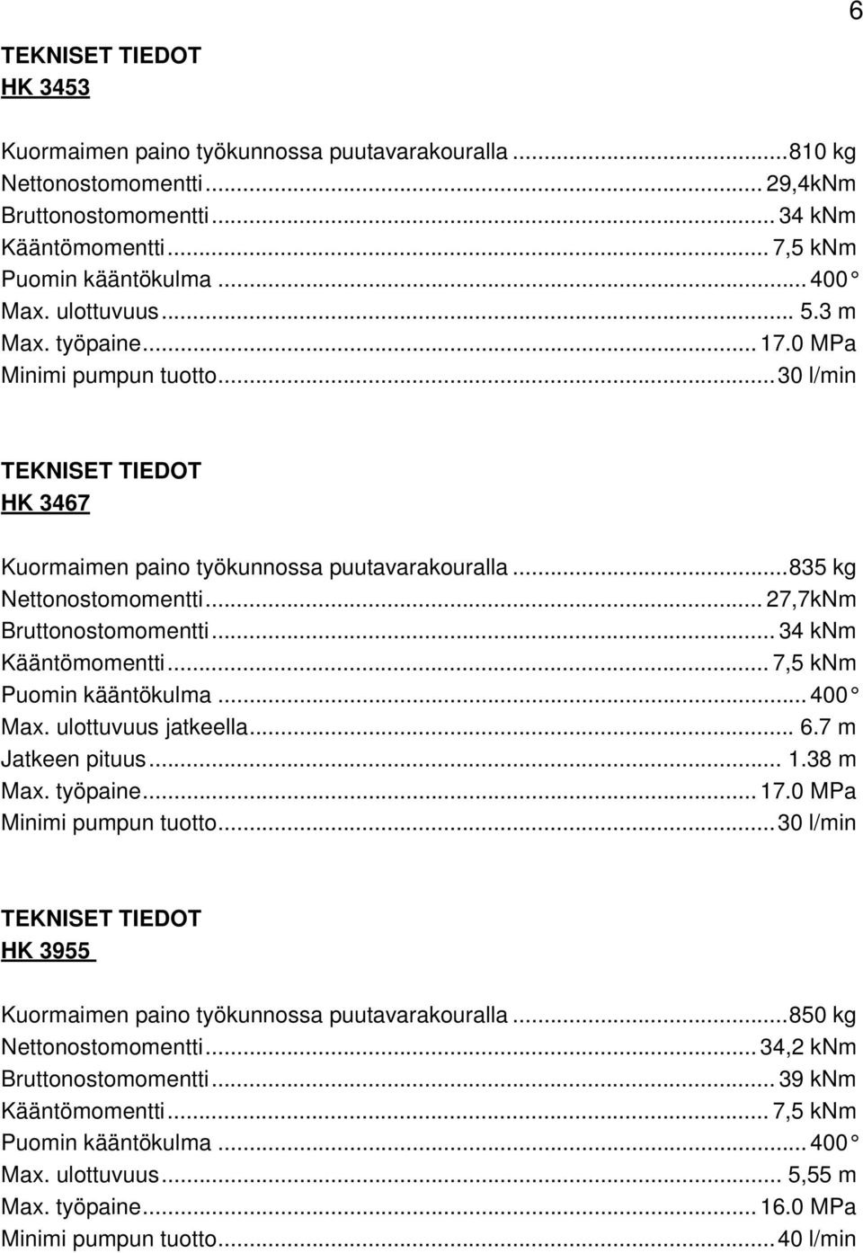 ..27,7kNm Bruttonostomomentti... 34 knm Kääntömomentti... 7,5 knm Puomin kääntökulma... 400 Max. ulottuvuus jatkeella... 6.7 m Jatkeen pituus... 1.38 m Max. työpaine... 17.0 MPa Minimi pumpun tuotto.