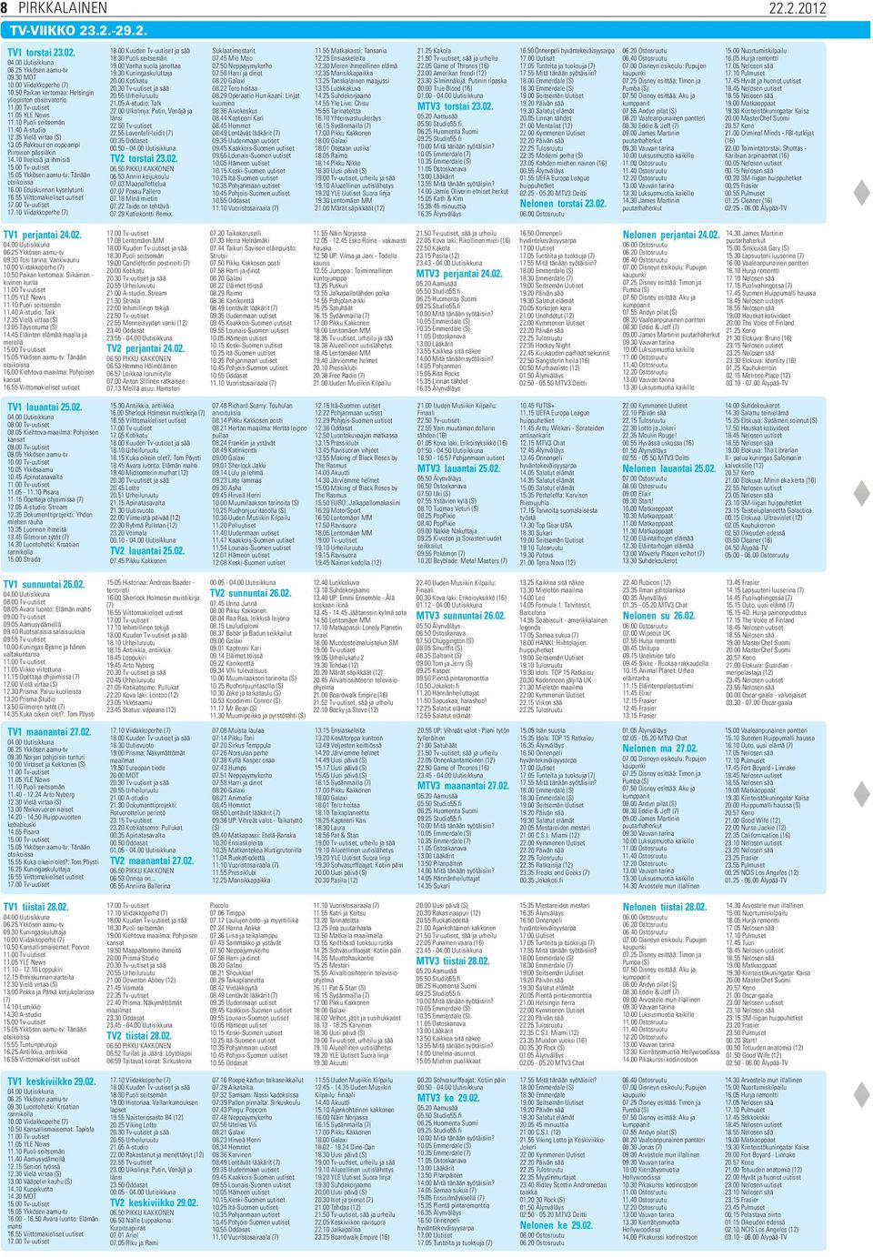 00 Eduskunnan kyselytunti 17.10 Viidakkoperhe (7) 18.30 Puoli seitsemän 19.00 Vanha suola janottaa 19.30 Kuningaskuluttaja 20.00 Kotikatu 20.55 Urheiluruutu 21.05 A-studio: Talk 22.