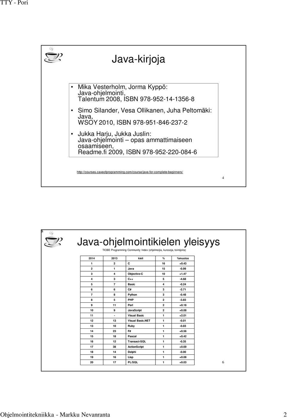 com/course/java-for-complete-beginners/ 4 Java-ohjelmointikielen yleisyys TIOBE Programming Community Index (ohjelmoijia, kursseja, toimijoita) 2014 2013 kieli % %muutos 1 2 C 16 +0.43 2 1 Java 15-0.