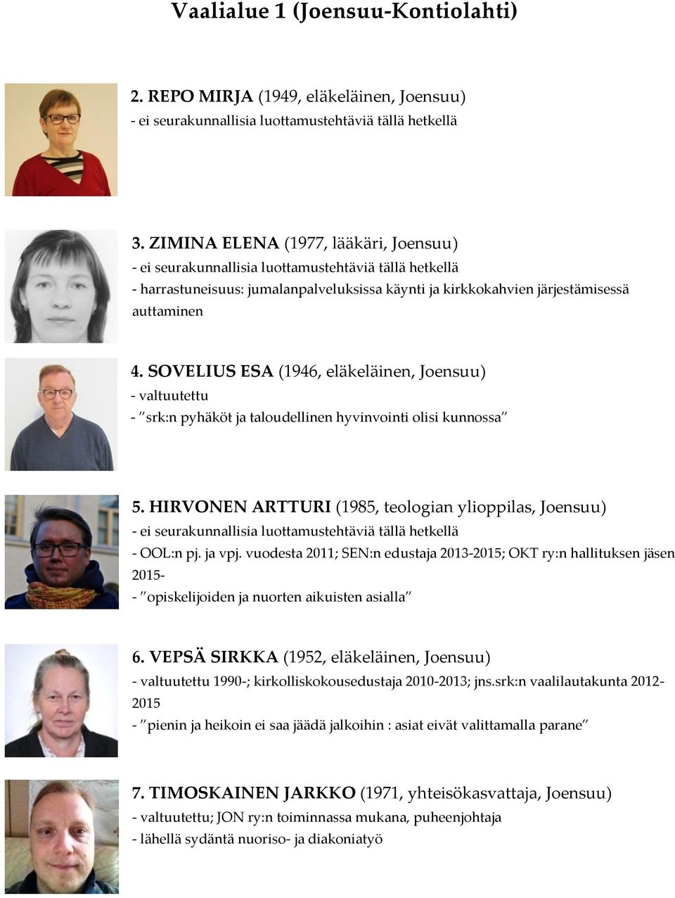 SOVELIUS ESA (1946, eläkeläinen, Joensuu) - valtuutettu - srk:n pyhäköt ja taloudellinen hyvinvointi olisi kunnossa 5. HIRVONEN ARTTURI (1985, teologian ylioppilas, Joensuu) - OOL:n pj. ja vpj.