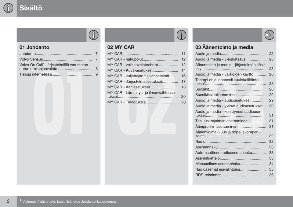 .. 14 MY CAR - kuljettajan tukijärjestelmä... 16 Audio ja media - valikoiden käyttö... 26 MY CAR - Järjestelmäasetukset... 17 Taempi ohjauspaneeli kuulokeliitäntöineen*... 28 MY CAR - Ääniasetukset.