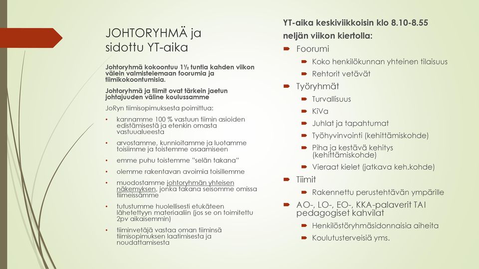 arvostamme, kunnioitamme ja luotamme toisiimme ja toistemme osaamiseen emme puhu toistemme selän takana olemme rakentavan avoimia toisillemme muodostamme johtoryhmän yhteisen näkemyksen, jonka takana