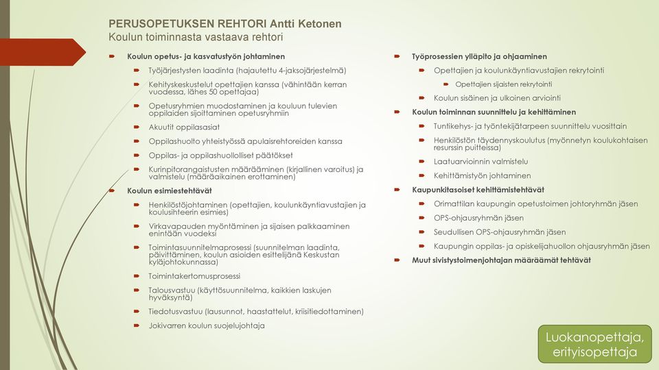 tulevien oppilaiden sijoittaminen opetusryhmiin Opettajien sijaisten rekrytointi Koulun sisäinen ja ulkoinen arviointi Koulun toiminnan suunnittelu ja kehittäminen Akuutit oppilasasiat Tuntikehys- ja