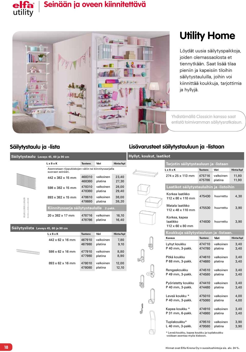 Säilytystaulu ja -lista Säilytystaulu Leveys 45, 60 ja 90 cm Säilytyslista Leveys 45, 60 ja 90 cm L x S x K Tuotenr.