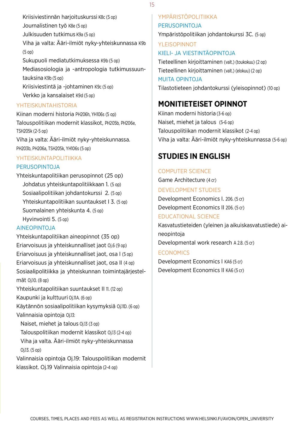 YH106s (5 op) Talouspolitiikan modernit klassikot, PH205b, PH206e, TSH205k (2-5 op) Viha ja valta: Ääri-ilmiöt nyky-yhteiskunnassa.