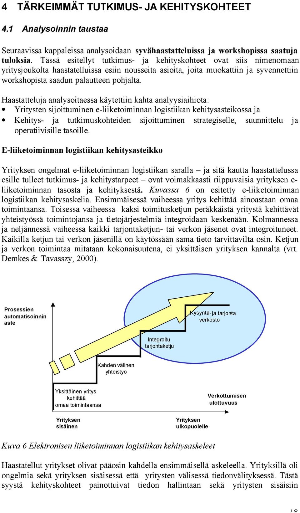 Haastatteluja analysoitaessa käytettiin kahta analyysiaihiota: Yritysten sijoittuminen e-liiketoiminnan logistiikan kehitysasteikossa ja Kehitys- ja tutkimuskohteiden sijoittuminen strategiselle,