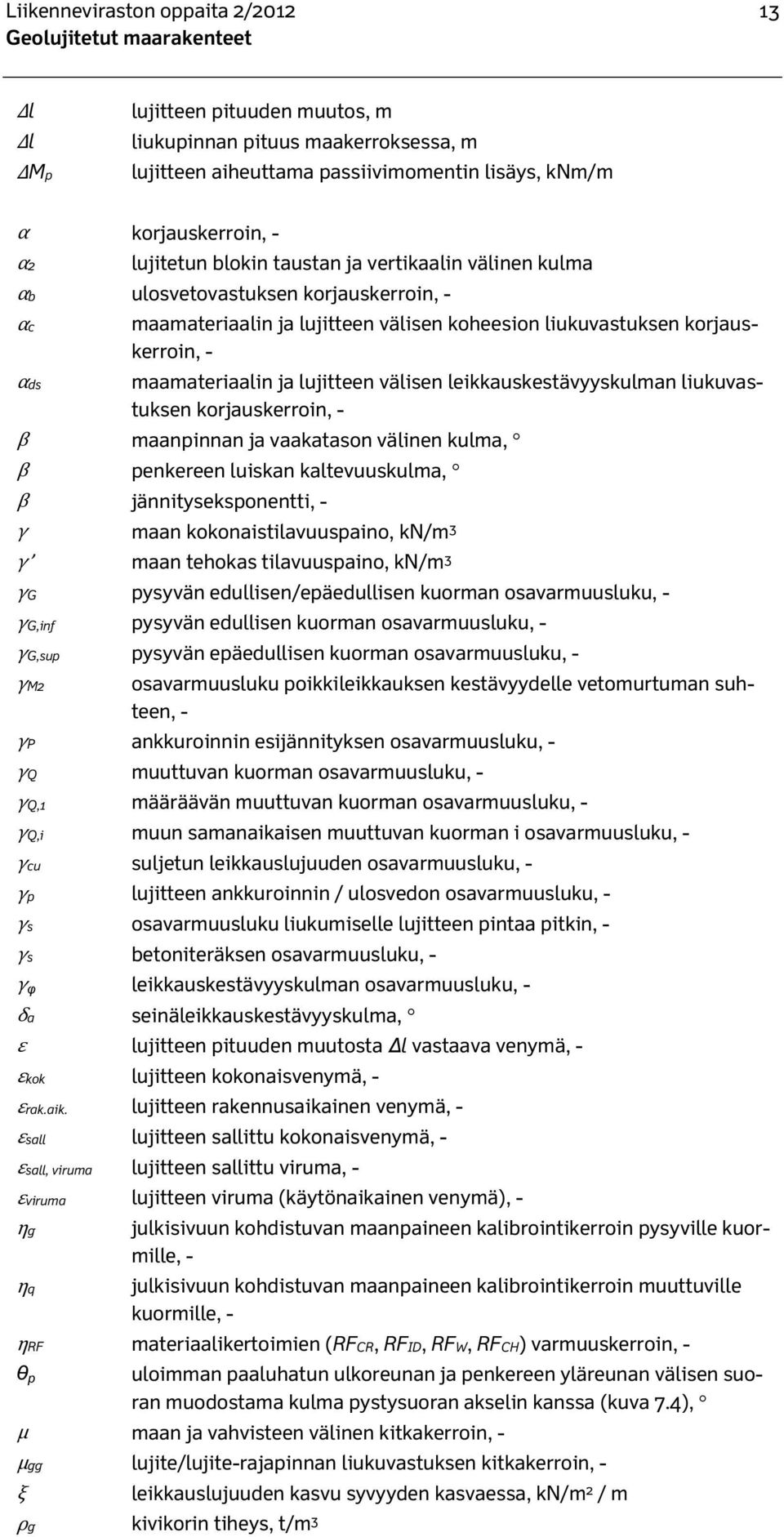 lujitteen välisen leikkauskestävyyskulman liukuvastuksen korjauskerroin, - maanpinnan ja vaakatason välinen kulma, penkereen luiskan kaltevuuskulma, β jännityseksponentti, - γ maan