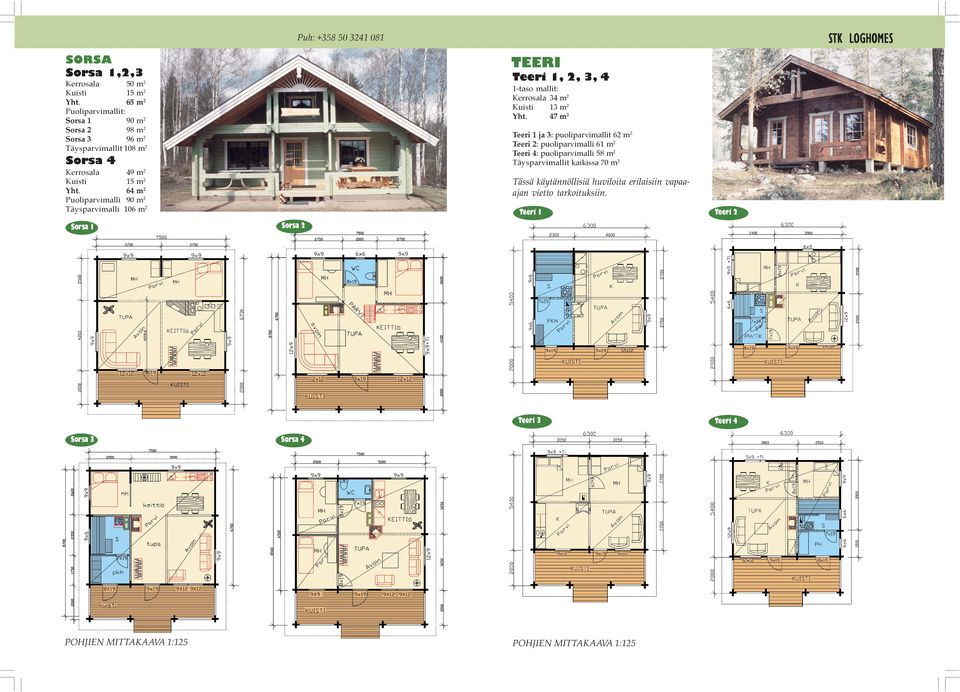 47 m2 Teeri 1 ja 3: puoliparvimallit 62 m2 Teeri 2: puoliparvimalli 61 m2 Teeri 4: puoliparvimalli 58 m2 Täysparvimallit kaikissa 70 m2 Sorsa 4