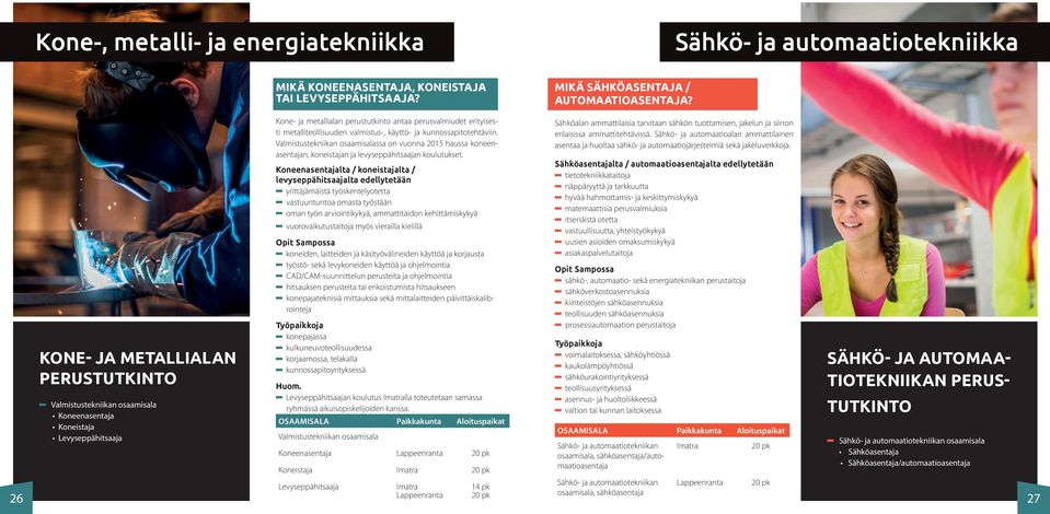 käyttö- ja kunnossapitotehtäviin. Valmistustekniikan osaamisalassa on vuonna 2015 haussa koneenasentajan, koneistajan ja levyseppähitsaajan koulutukset.