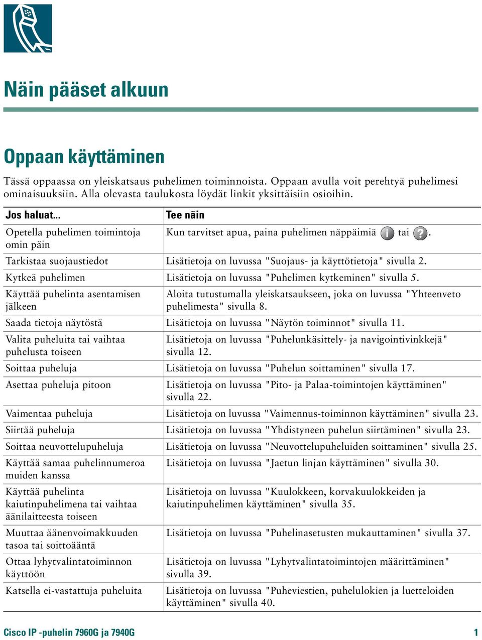 Tarkistaa suojaustiedot Lisätietoja on luvussa "Suojaus- ja käyttötietoja" sivulla 2. Kytkeä puhelimen Lisätietoja on luvussa "Puhelimen kytkeminen" sivulla 5.