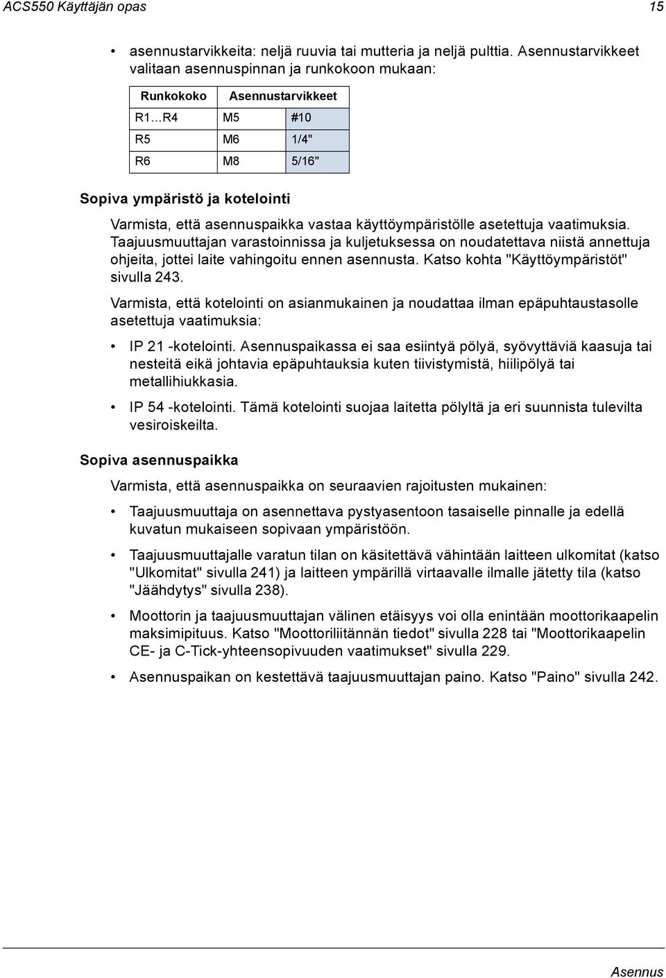 käyttöympäristölle asetettuja vaatimuksia. Taajuusmuuttajan varastoinnissa ja kuljetuksessa on noudatettava niistä annettuja ohjeita, jottei laite vahingoitu ennen asennusta.