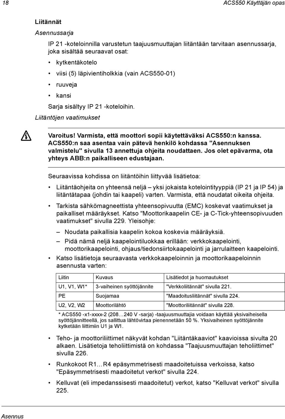 ACS550:n saa asentaa vain pätevä henkilö kohdassa "Asennuksen valmistelu" sivulla 13 annettuja ohjeita noudattaen. Jos olet epävarma, ota yhteys ABB:n paikalliseen edustajaan.