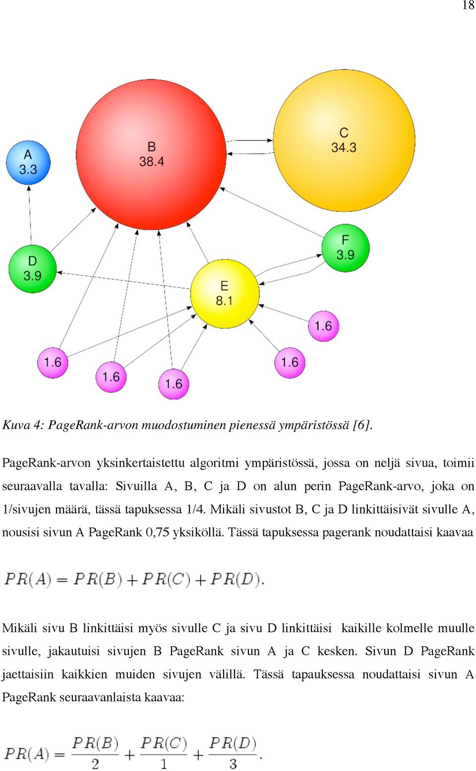 1/sivujen määrä, tässä tapuksessa 1/4. Mikäli sivustot B, C ja D linkittäisivät sivulle A, nousisi sivun A PageRank 0,75 yksiköllä.