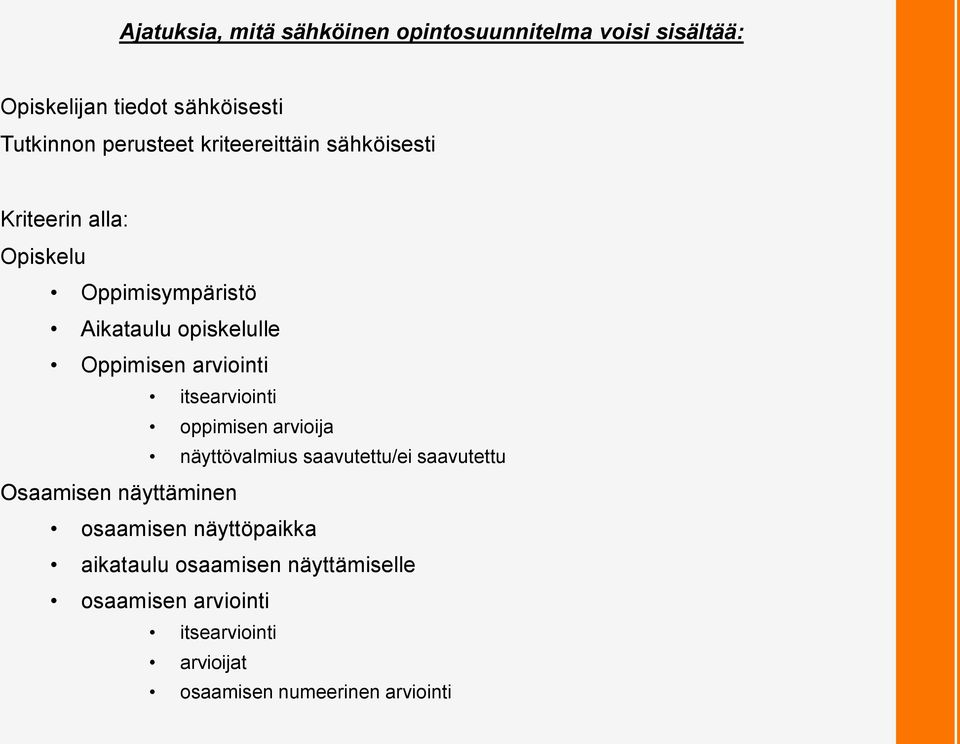 itsearviointi oppimisen arvioija näyttövalmius saavutettu/ei saavutettu Osaamisen näyttäminen osaamisen