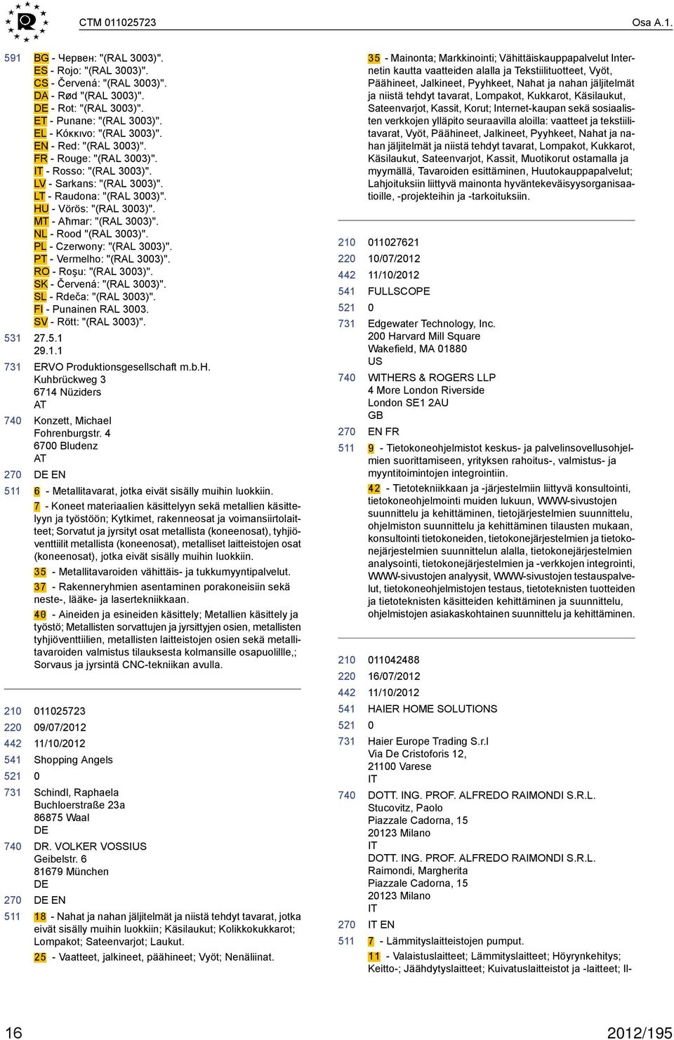 PL - Czerwony: "(RAL 33)". PT - Vermelho: "(RAL 33)". RO - Roşu: "(RAL 33)". SK - Červená: "(RAL 33)". SL - Rdeča: "(RAL 33)". FI - Punainen RAL 33. SV - Rött: "(RAL 33)". 27.5.1 