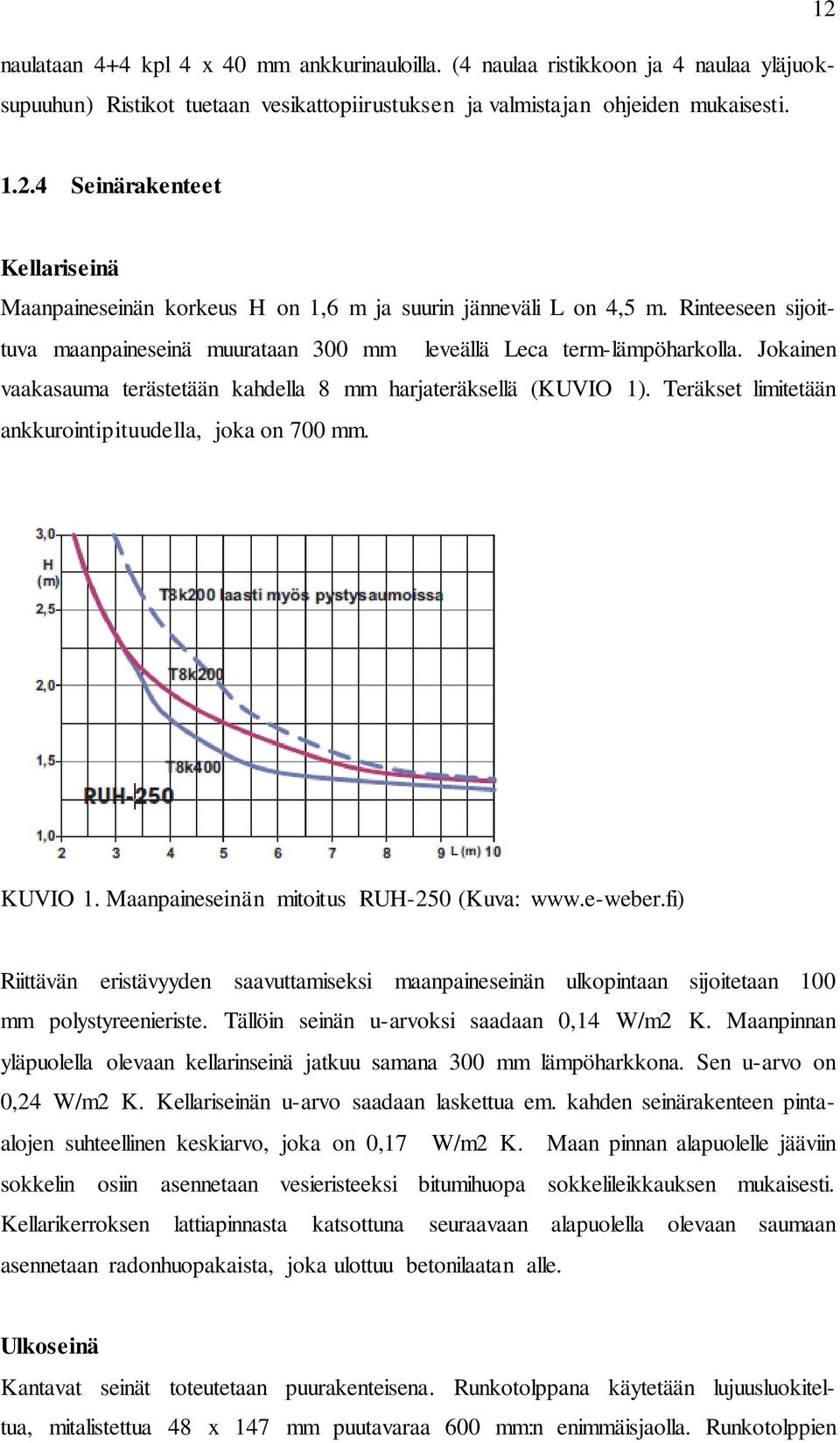 Jokainen vaakasauma terästetään kahdella 8 mm harjateräksellä (KUVIO 1). Teräkset limitetään ankkurointipituudella, joka on 700 mm. KUVIO 1. Maanpaineseinän mitoitus RUH-250 (Kuva: www.e-weber.