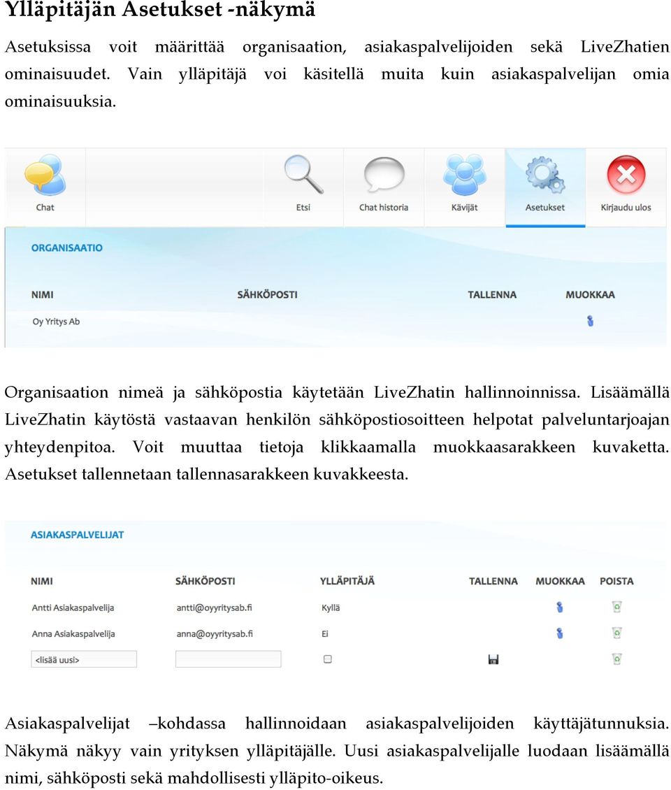 Lisäämällä LiveZhatin käytöstä vastaavan henkilön sähköpostiosoitteen helpotat palveluntarjoajan yhteydenpitoa. Voit muuttaa tietoja klikkaamalla muokkaasarakkeen kuvaketta.