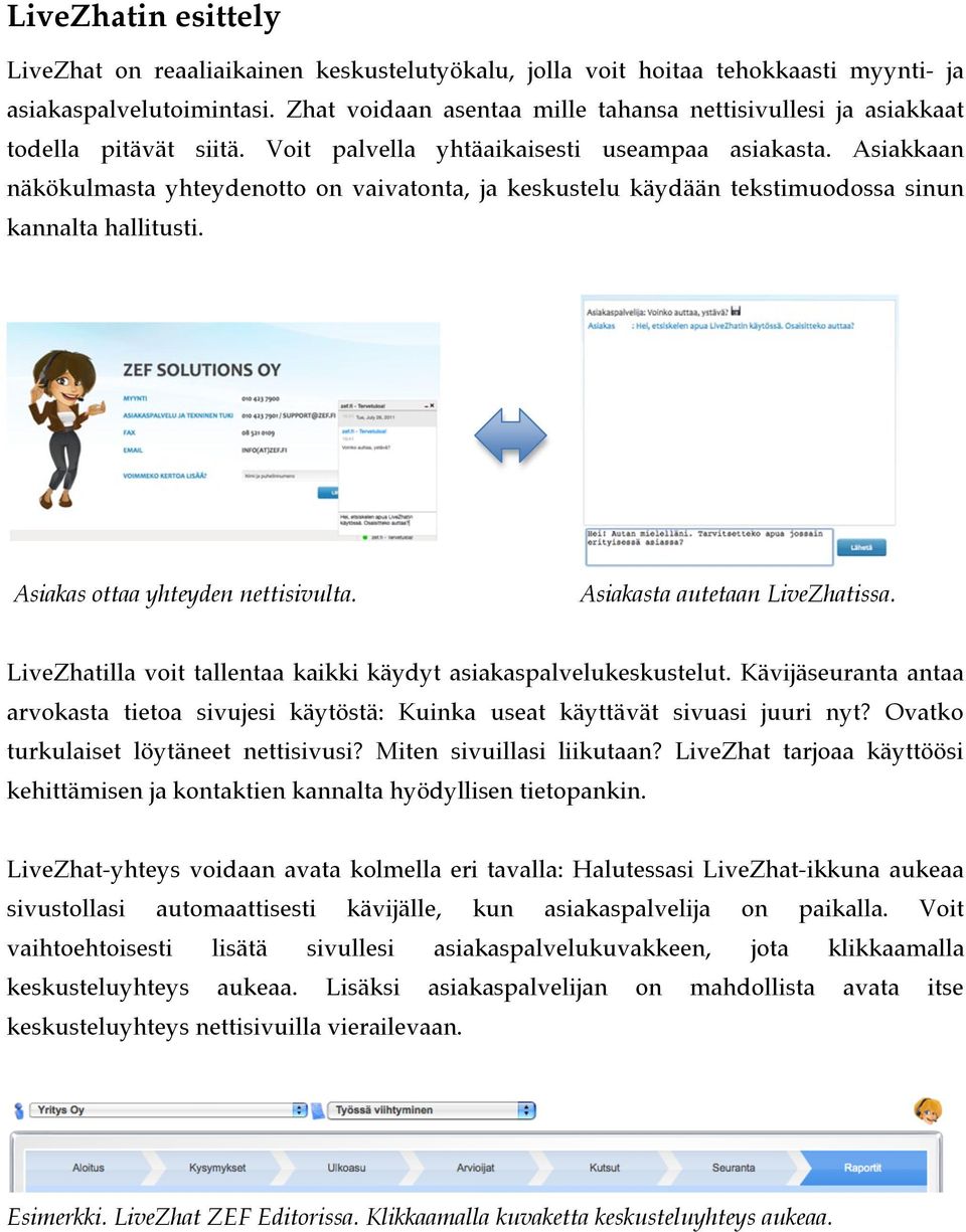 Asiakkaan näkökulmasta yhteydenotto on vaivatonta, ja keskustelu käydään tekstimuodossa sinun kannalta hallitusti. Asiakas ottaa yhteyden nettisivulta. Asiakasta autetaan LiveZhatissa.