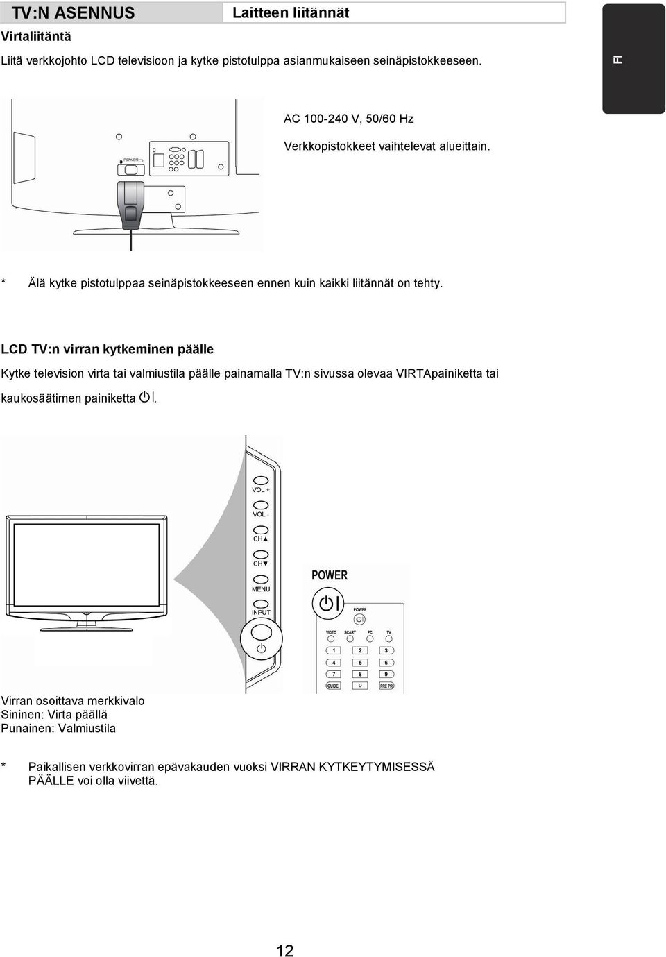 LCD TV:n virran kytkeminen päälle Kytke television virta tai valmiustila päälle painamalla TV:n sivussa olevaa VIRTApainiketta tai kaukosäätimen