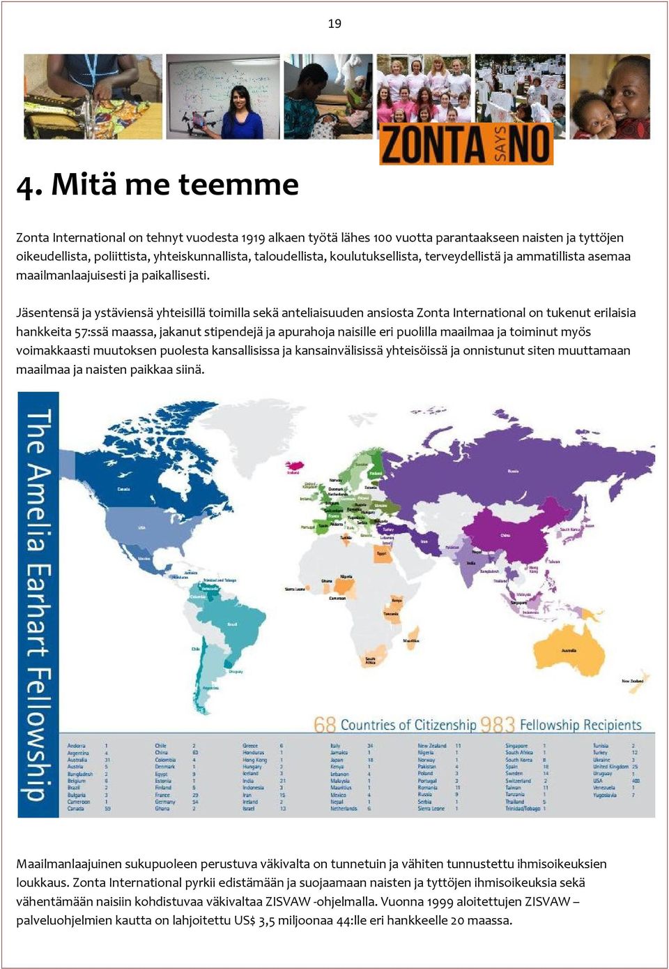 Jäsentensä ja ystäviensä yhteisillä toimilla sekä anteliaisuuden ansiosta Zonta International on tukenut erilaisia hankkeita 57:ssä maassa, jakanut stipendejä ja apurahoja naisille eri puolilla