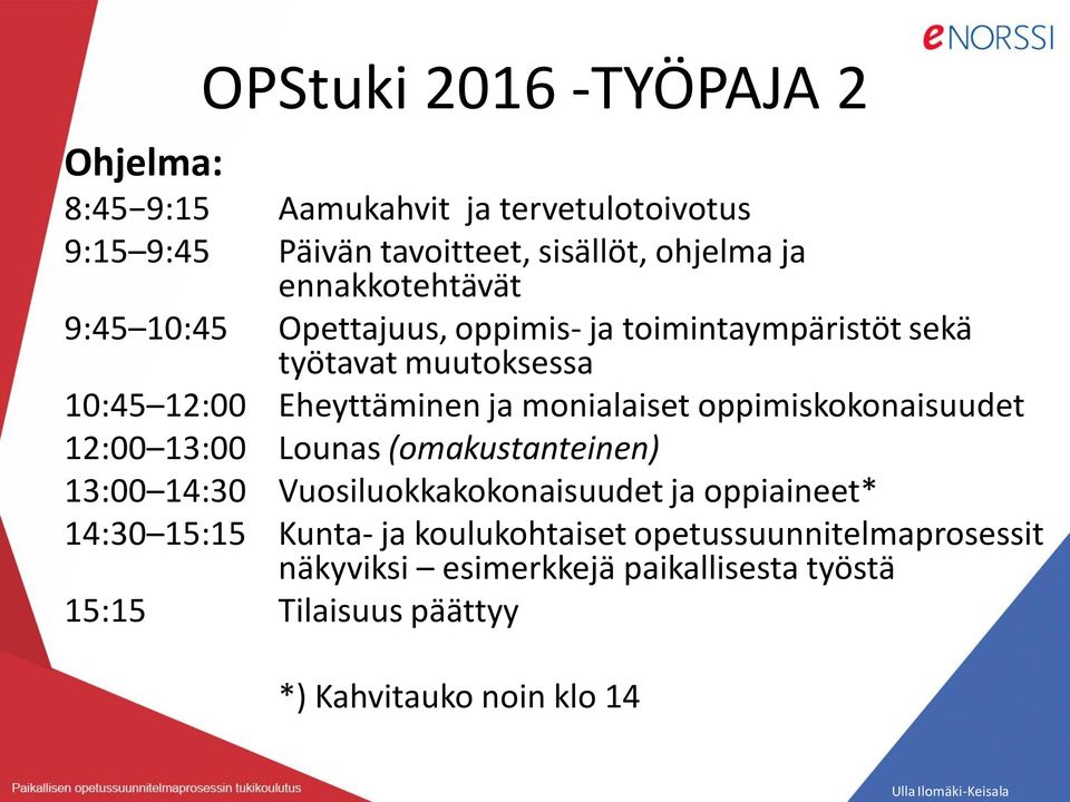 monialaiset oppimiskokonaisuudet 12:00 13:00 Lounas (omakustanteinen) 13:00 14:30 Vuosiluokkakokonaisuudet ja oppiaineet* 14:30