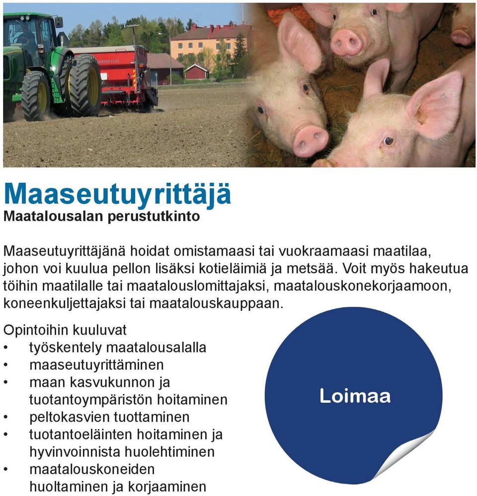 Voit myös hakeutua töihin maatilalle tai maatalouslomittajaksi, maatalouskonekorjaamoon, koneenkuljettajaksi tai maatalouskauppaan.