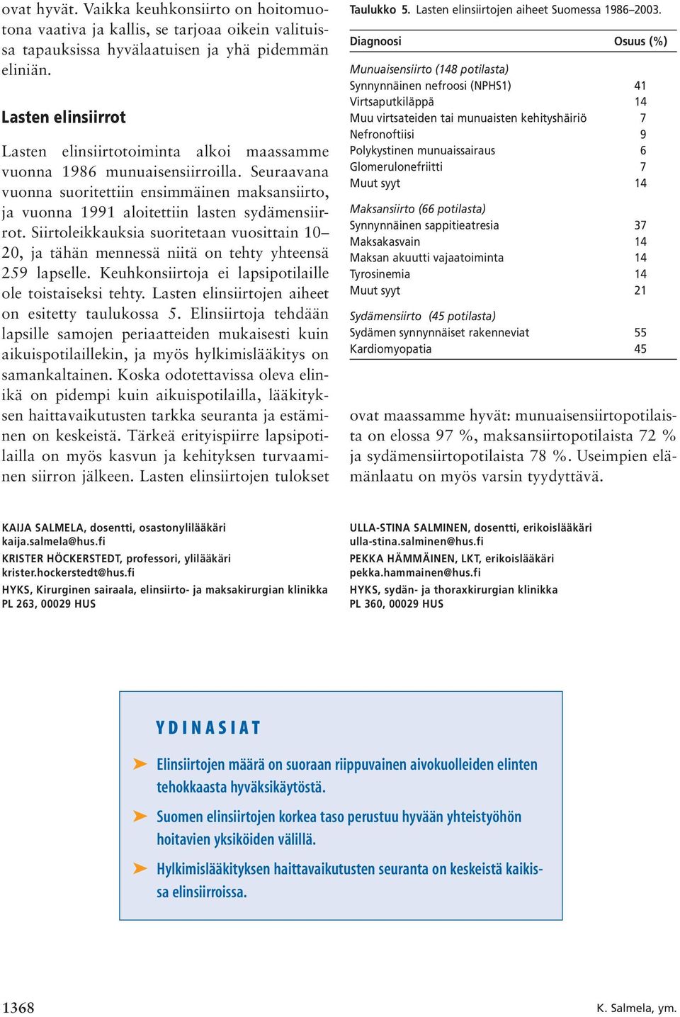 Siirtoleikkauksia suoritetaan vuosittain 10 20, ja tähän mennessä niitä on tehty yhteensä 259 lapselle. Keuhkonsiirtoja ei lapsipotilaille ole toistaiseksi tehty.