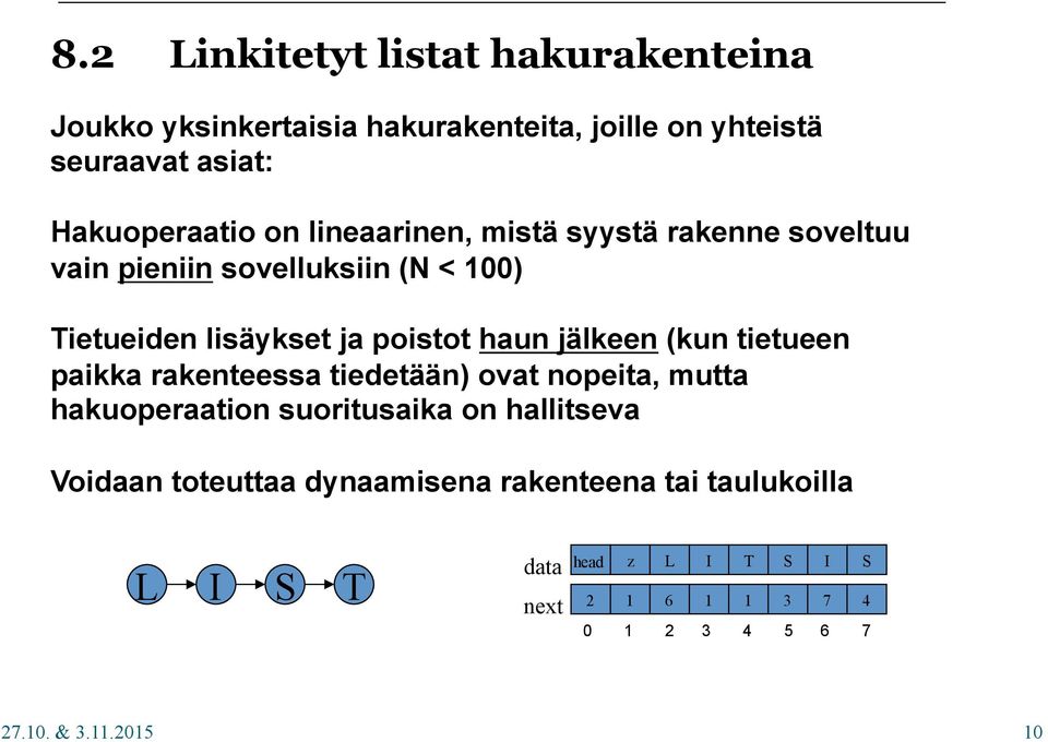 tietueen paikka rakenteessa tiedetään) ovat nopeita, mutta hakuoperaation suoritusaika on hallitseva Voidaan toteuttaa dynaamisena