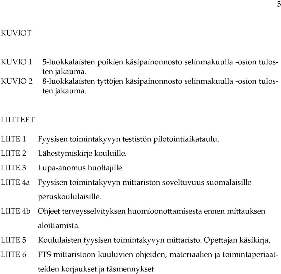LIITE 2 Lähestymiskirje kouluille. LIITE 3 Lupa-anomus huoltajille. LIITE 4a Fyysisen toimintakyvyn mittariston soveltuvuus suomalaisille peruskoululaisille.