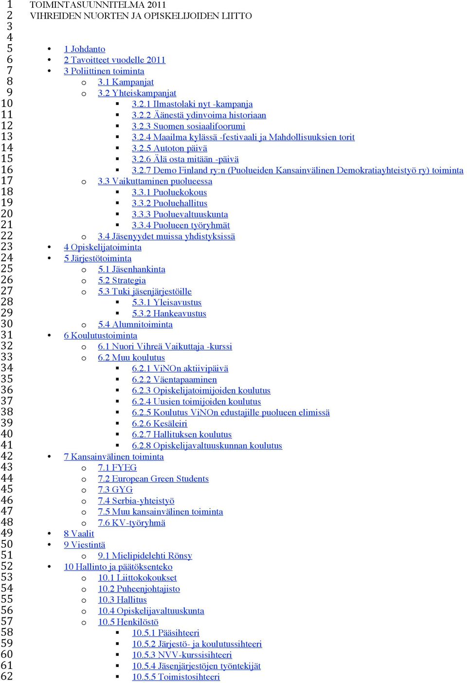 2.3 Suomen sosiaalifoorumi 3.2.4 Maailma kylässä -festivaali ja Mahdollisuuksien torit 3.2.5 Autoton päivä 3.2.6 Älä osta mitään -päivä 3.2.7 Demo Finland ry:n (Puolueiden Kansainvälinen Demokratiayhteistyö ry) toiminta o 3.