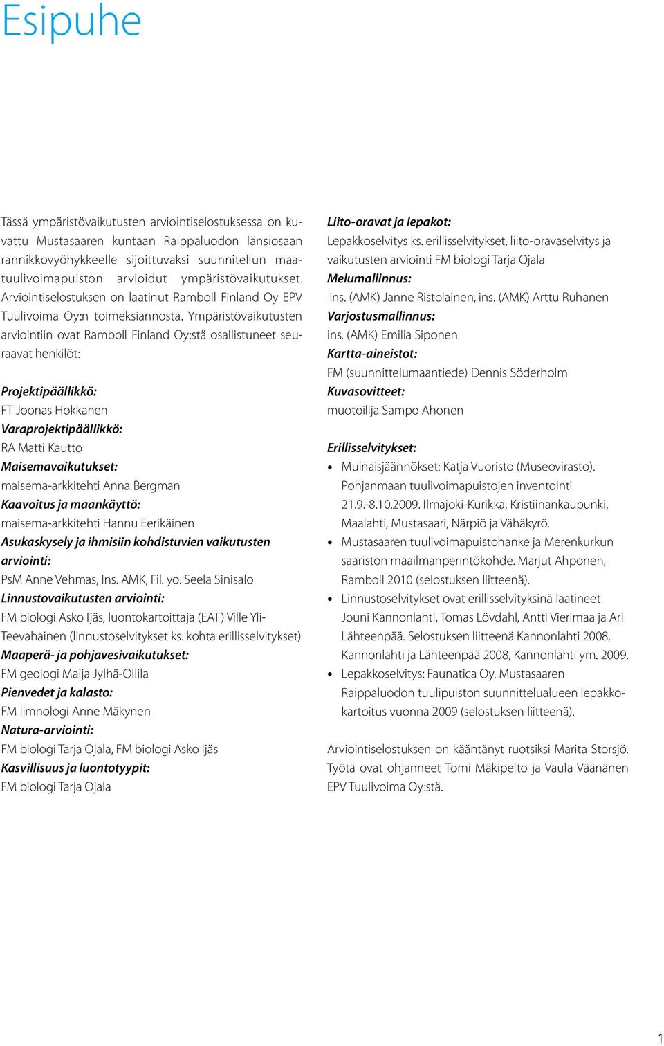 Ympäristövaikutusten arviointiin ovat Ramboll Finland Oy:stä osallistuneet seuraavat henkilöt: Projektipäällikkö: FT Joonas Hokkanen Varaprojektipäällikkö: RA Matti Kautto Maisemavaikutukset: